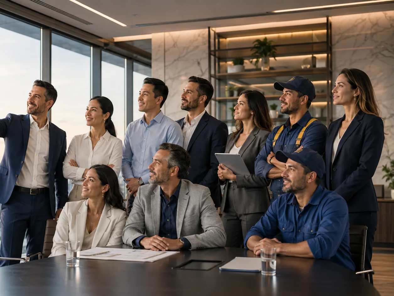 Equipo de trabajo mirando a lo lejos desde una sala de juntas